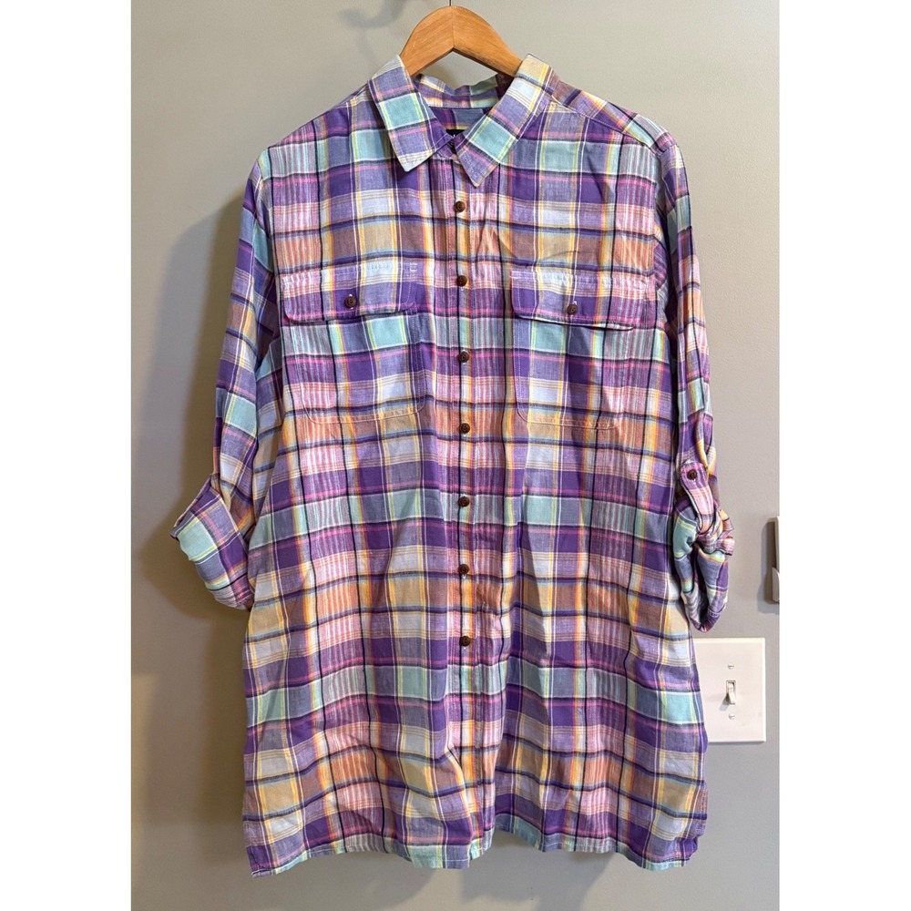 Lands' End Linen Shirt Mens XL/T Purple Plaid Roll-Tab Sleeve Coastal 4590